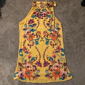 Flying Tomato Boho Floral Halter Neck Mini Dress Mustard Yellow Symmetrical Med